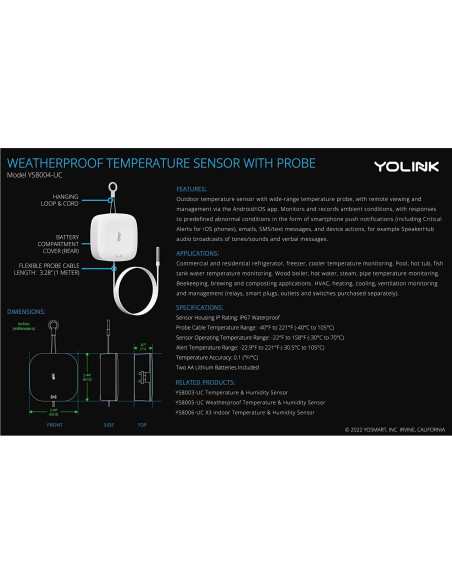 Sensor de Temperatura y Humedad YoLink con Hub, 304.8m Sensor de Temperatura y Humedad YoLink con Hub, 304.8m