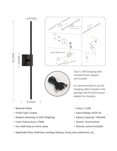 Apliques de Pared Inalámbricos KDG Set de 2 LED 80 cm Negro