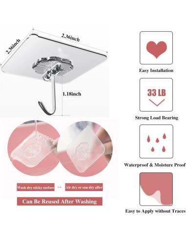 Ganchos Adhesivos DDMY 24 PCS 15 kg Reutilizables Transparentes