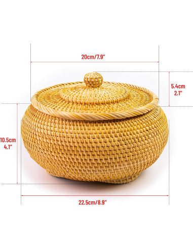 Cesta de Almacenamiento Redonda KOLWOVEN de Ratán con Tapa 22x13 cm