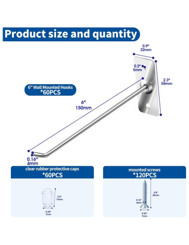 60 Ganchos de Acero Inoxidable 15cm con Tapas y Tornillos