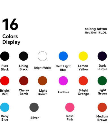 Kit de Tinta para Tatuajes Solong 16 Colores 30ml Profesional