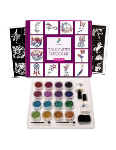 Kit de Tatuajes Temporales de Brillo INGALA - 74 Plantillas, 16 Colores, 2 Pegamentos 14.79 ml