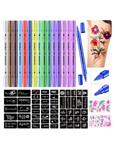 Kit de Marcadores de Tatuajes Temporales PFARRER - 15 Bolígrafos + 64 Plantillas