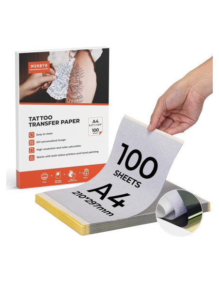 Papel de Transferencia para Tatuajes MUNBYN 100 Hojas A4 Papel de Transferencia para Tatuajes MUNBYN 100 Hojas A4