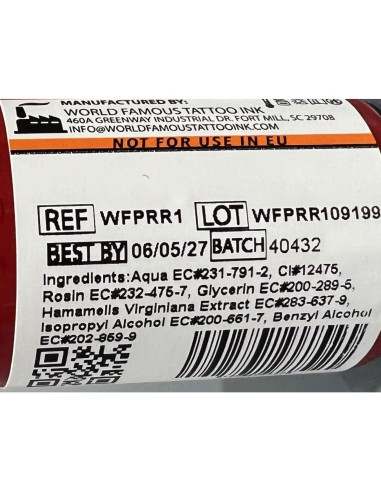 Tinta de Tatuaje Profesional World Famous - Rojo 1 - 29.57 ml