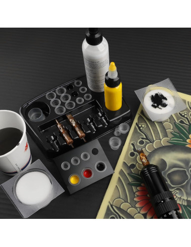 RHEIN 18 Tazas de Espuma para Tatuajes + Soportes y Bandejas
