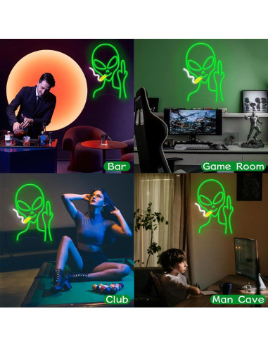 Cartel de Neón LED Alienígena Verde Regulable 38x28 cm