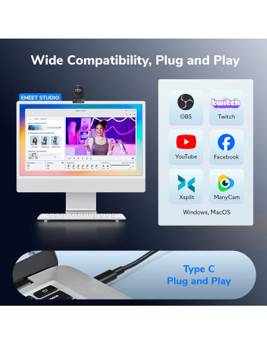 Webcam 4K EMEET Piko con IA, Autofoco y 3 Micrófonos