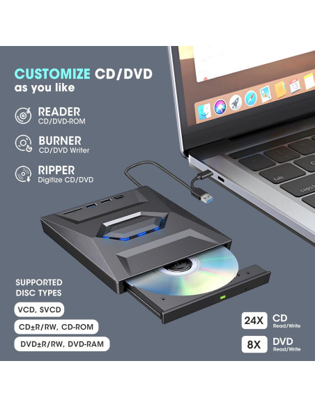 Unidad Externa CD/DVD ROOFULL 6 en 1 con Funda de Transporte Unidad Externa CD/DVD ROOFULL 6 en 1 con Funda de Transporte