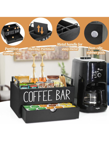Organizador de Café de Madera Yaqubar con Cajón y 4 Compartimentos