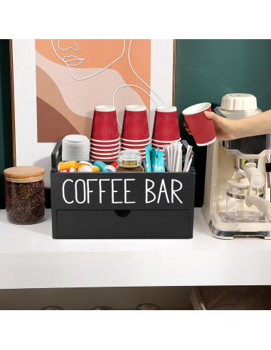 Organizador de Café de Madera Yaqubar con Cajón y 4 Compartimentos