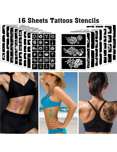 Kit de Plantillas de Tatuajes de Henna Qpout - 16 Hojas