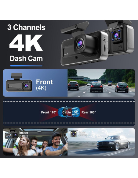 Cámara de Tablero 4K CHENSIVE 3 Canales con Tarjeta 64GB Cámara de Tablero 4K CHENSIVE 3 Canales con Tarjeta 64GB