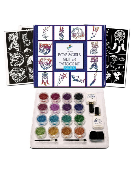 Kit de Tatuajes Temporales Brillantes INGALA - 74 Plantillas, 16 Colores, 2 Pegamentos Kit de Tatuajes Temporales Brillantes INGALA - 74 Plantillas, 16 Colores, 2 Pegamentos