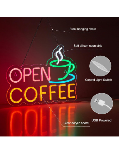Cartel Neón LED Abierto Café Hoyoelec 43.2x30.5 cm USB