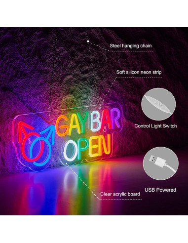 Cartel Neón Abierto de Bar Gay Hoyoelec LED USB 420x165mm