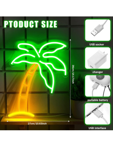 Letrero LED Neón Palma ROCEEI 36x27 cm Verde USB Decorativo