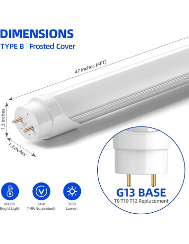 Barrina T8 LED 4 Pies 24W 3200LM Luz 6000K Bypass Balasto 8 Pzs