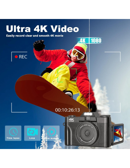 Cámara Digital 4K METRORABBIT 56MP con Pantalla Rotativa Cámara Digital 4K METRORABBIT 56MP con Pantalla Rotativa