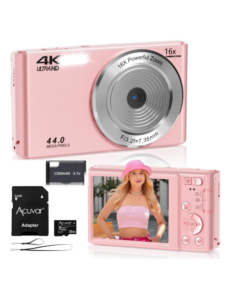 Cámara Digital Acuvar 44MP 4K Rosa Compacta con Tarjeta SD 32GB Cámara Digital Acuvar 44MP 4K Rosa Compacta con Tarjeta SD 32GB