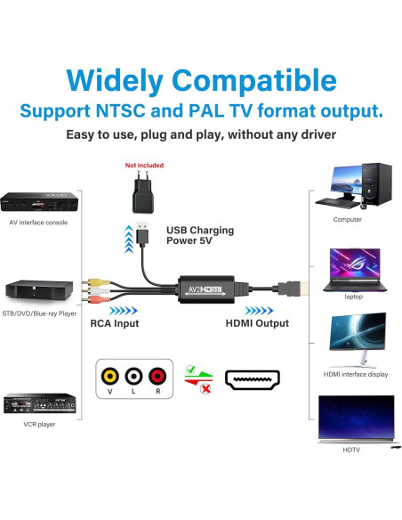 Cable Convertidor RCA a HDMI Adoreen 1.83 m 1080P USB Cable Convertidor RCA a HDMI Adoreen 1.83 m 1080P USB