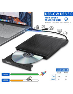 Unidad DVD Externa Haiway USB 3.0 Tipo-C Portátil Negra 2