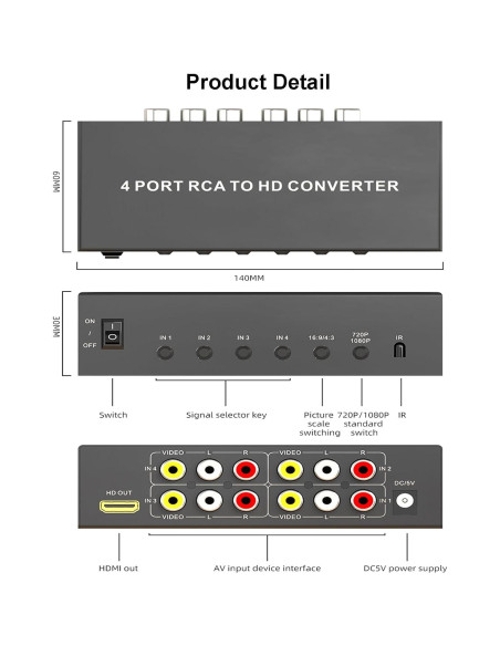 Convertidor AV a HDMI 1080P LUKFOCAB 4 Puertos RCA Convertidor AV a HDMI 1080P LUKFOCAB 4 Puertos RCA