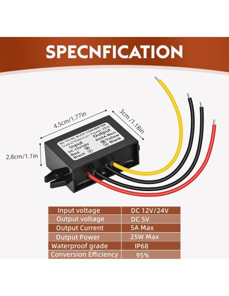 Módulo Convertidor de Voltaje Klnuoxj 12V/24V a 5V 5A 25W Módulo Convertidor de Voltaje Klnuoxj 12V/24V a 5V 5A 25W