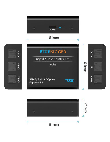 Divisor de Audio Óptico Activo BlueRigger TS501 1x5 Salidas