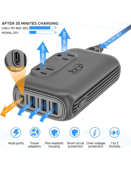 Convertidor de Voltaje 220V a 110V Key Power 230W USB-C Convertidor de Voltaje 220V a 110V Key Power 230W USB-C