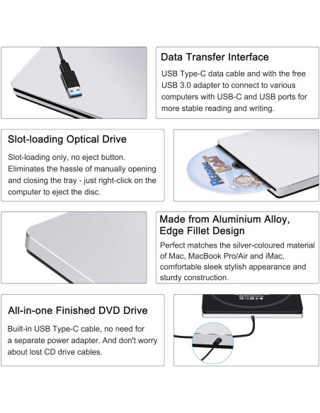 Unidad Externa de CD/DVD NOLYTH USB-C Plata 396g Unidad Externa de CD/DVD NOLYTH USB-C Plata 396g