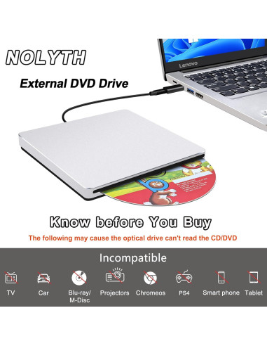 Unidad Externa de CD/DVD NOLYTH USB-C Plata 396g