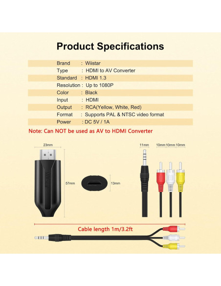 Convertidor HDMI a RCA Wiistar D13W 1080P Compatible con TV Convertidor HDMI a RCA Wiistar D13W 1080P Compatible con TV