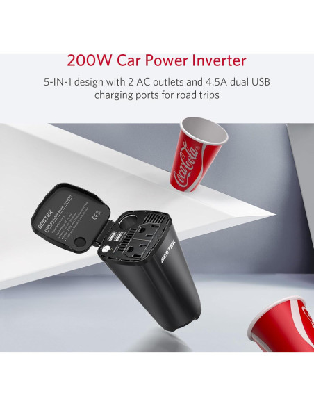 Inversor de Potencia de Coche BESTEK 200W con 2 Salidas CA y USB Inversor de Potencia de Coche BESTEK 200W con 2 Salidas CA y USB