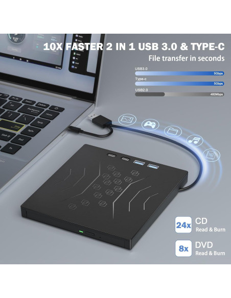 Unidad DVD Externa Wbacon 7 en 1 USB 3.0 Tipo-C Portátil Unidad DVD Externa Wbacon 7 en 1 USB 3.0 Tipo-C Portátil