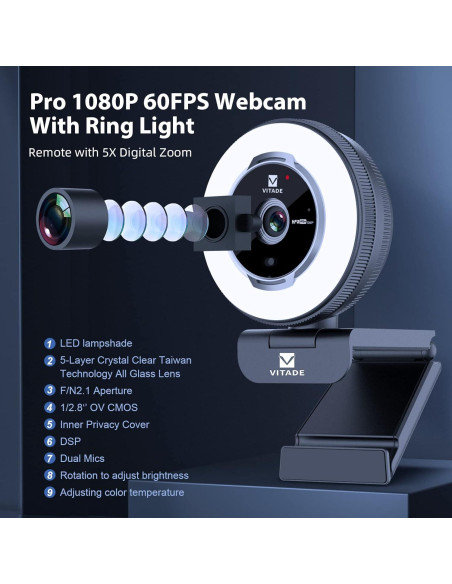 Cámara Web Vitade 862Pro 1080P 60FPS con Luz Anular y Control Remoto Cámara Web Vitade 862Pro 1080P 60FPS con Luz Anular y Control Remoto