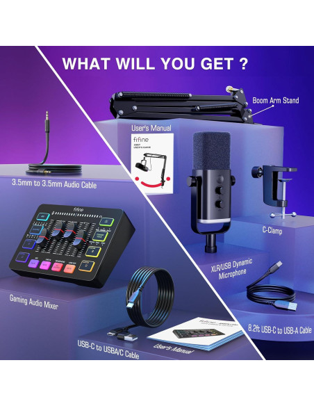 Micrófono Gaming FIFINE AM8T + Mezclador SC3 USB/XLR RGB Micrófono Gaming FIFINE AM8T + Mezclador SC3 USB/XLR RGB