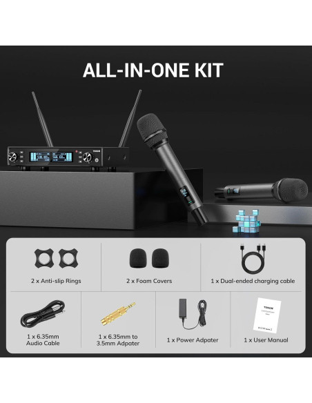 Micrófono Inalámbrico TONOR TW550, UHF, Recargable, 2 Micrófonos Micrófono Inalámbrico TONOR TW550, UHF, Recargable, 2 Micrófonos