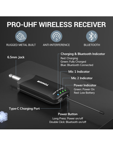 Micrófono Inalámbrico Recargable TONOR TW720, 100m UHF