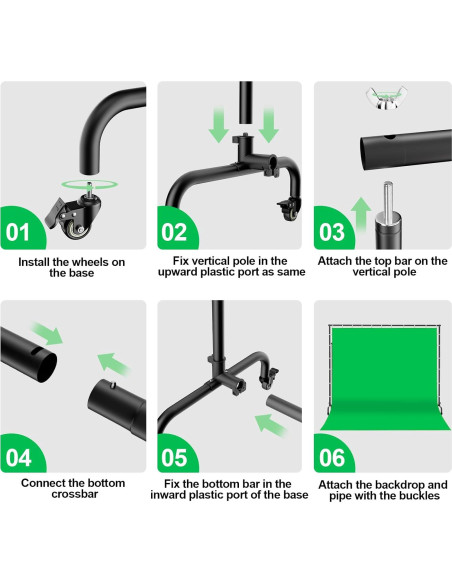 Kit de Fondo Verde 2.74x3.05m EMART con Soporte Móvil y Ruedas Kit de Fondo Verde 2.74x3.05m EMART con Soporte Móvil y Ruedas