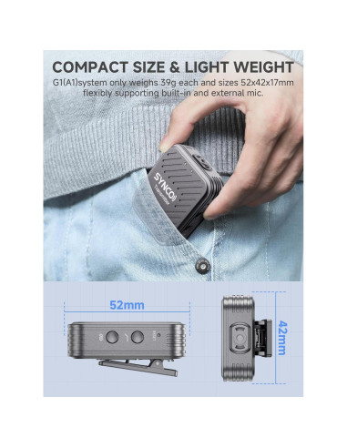 Micrófono Inalámbrico SYNCO G1(A1) Gris - 150m, Compacto, DSP