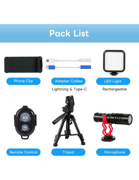 Kit de Vlogging para Smartphone y Cámara - Micrófono, Luz LED, Trípode Kit de Vlogging para Smartphone y Cámara - Micrófono, Luz LED, Trípode