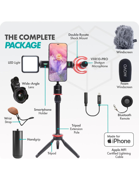 Kit de Vlogging Movo iVlog1 para iPhone - Micrófono, Luz LED, Trípode Kit de Vlogging Movo iVlog1 para iPhone - Micrófono, Luz LED, Trípode