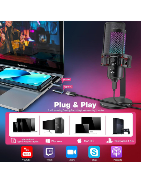 Micrófono RGB ZealSound para Juegos y Podcasting USB 96kHz Micrófono RGB ZealSound para Juegos y Podcasting USB 96kHz