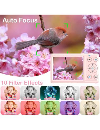 Cámara Digital KANORLEEY C2 4K para Niños Rosa 64MP