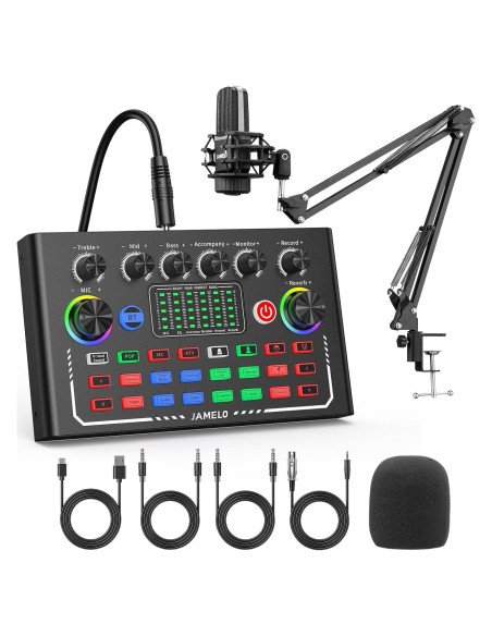 Kit de Podcast JAMELO con Micrófono, Brazo y Tarjeta de Sonido Kit de Podcast JAMELO con Micrófono, Brazo y Tarjeta de Sonido
