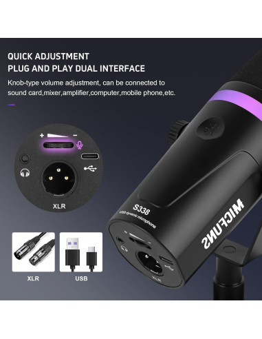 Micrófono Dinámico Vocal Micfuns M338-A USB/XLR con Brazo