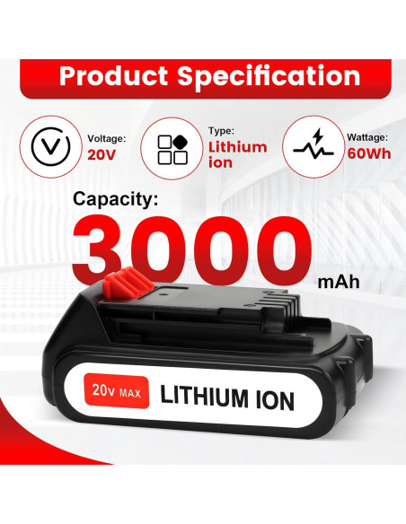 Batería de Ión de Litio 20V 3000mAh Ostaimer para Black & Decker Batería de Ión de Litio 20V 3000mAh Ostaimer para Black & Decker