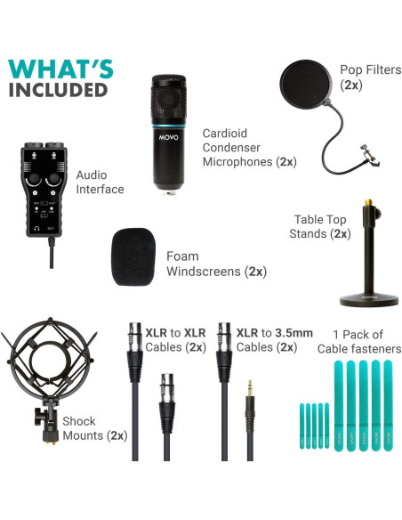 Kit de Grabación de Podcast Movo - 2 Micrófonos Condensadores, Soportes y Filtros Kit de Grabación de Podcast Movo - 2 Micrófonos Condensadores, Soportes y Filtros